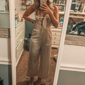Silk tan and white striped boutique jumpsuit